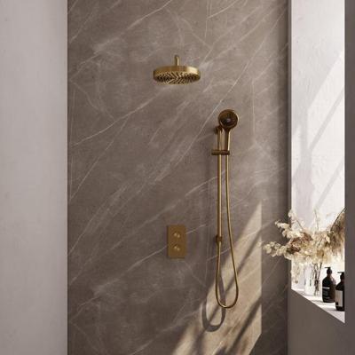 Brauer Stripe thermostatische inbouw regendouche 3-weg rechthoekig SET 23 met 25 cm douchekop en gebogen muurarm en 3-standen handdouche en doucheslang en geintegreerde glijstang goud geborsteld PVD