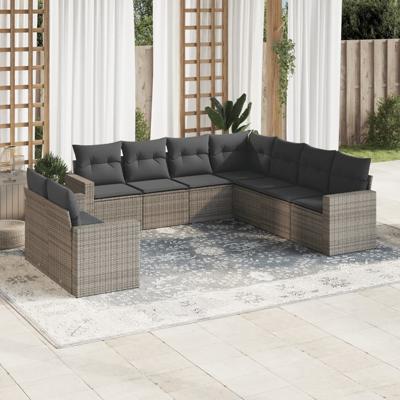 10-delige Loungeset met kussens poly rattan grijs