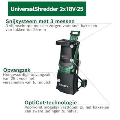 Bosch Groen UniversalShredder Fluisterhakselaar 2x18V-25 | 2x PBA 18V 4.0 Ah Accu + 1x Snellader AL 18V-44 + 1x 28L Opvangzak - 06008E0000
