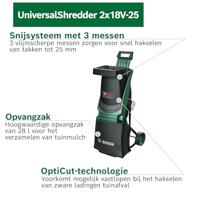 Bosch Groen UniversalShredder Fluisterhakselaar 2x18V-25 | 1x Aanduwstok + 28L Opvangzak | Zonder Accu en Lader - 06008E0001 - thumbnail