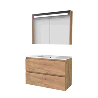 Basic-Line Premium 46 Badkamermeubelset - 100 x 46 cm - Greeploos - 2 Lades - Keramische Wastafel - 1 Kraangat - Spiegelkast met LED Verlichting - Whisky Oak