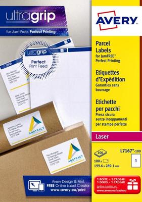 Avery L7167, Verzendetiketten, Laser, Ultragrip, wit, 100 vellen, 1 per vel, 199,6 x 289,1 mm
