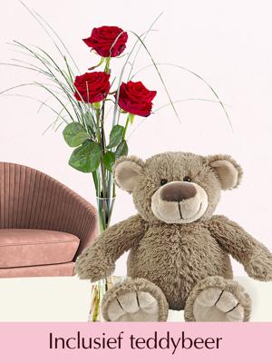 Drie rode rozen inclusief vaas en teddybeer 17 cm - Valentijnsdag