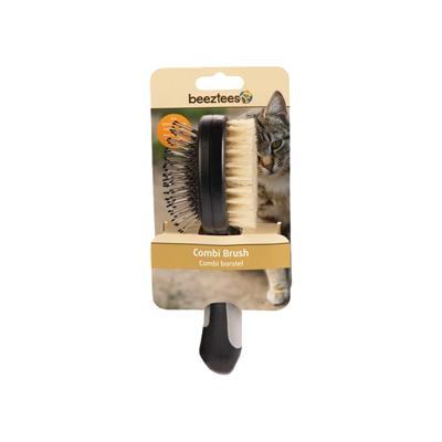 Beeztees combi borstel varkenshaar - kattenverzorging - zwart grijs - 21x6x6,5 cm