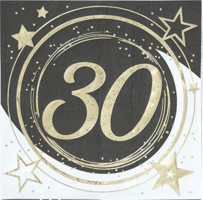 Servetten Sterren zwart/wit/goud 30 Jaar (12st)