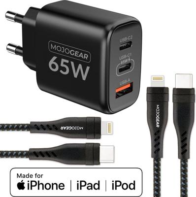 MOJOGEAR CHARGE+ 65W snellader voor iPhone & iPad met 2x Lightning naar USB-C kabel 1,5 meter MOJOGEAR CHARGE+ 65W snellader voor iPhone & iPad met 2x Lightning naar USB-C kabel 1,5 meter