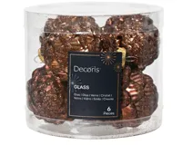 Decoris Kerstballen glas dennenappel 6st Espresso 5x7cm - thumbnail