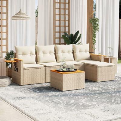 5-delige Loungeset met kussens poly rattan beige
