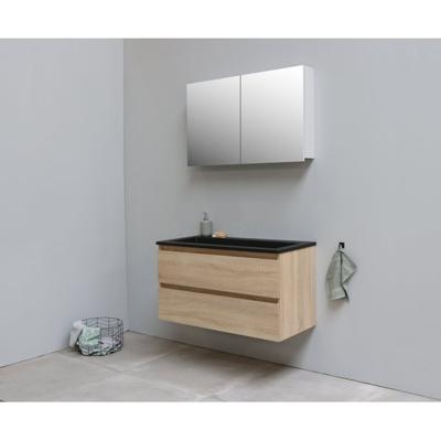 On-Line Badkamermeubelset - 100 cm - Voorgemonteerd - Ladestructuur - Acryl Wastafel - zonder Kraangat - Spiegelkast - Eiken
