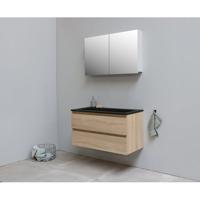 On-Line Badkamermeubelset - 100 cm - Voorgemonteerd - Ladestructuur - Acryl Wastafel - zonder Kraangat - Spiegelkast - Eiken - thumbnail