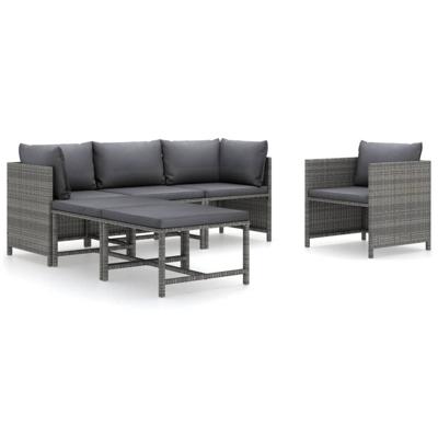 6-delige Loungeset met kussens poly rattan grijs