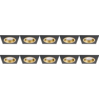 Vierkante Zwart/Goud Inbouwspot Armatuur 10-Pack - GU10 - Aluminium - 93mm