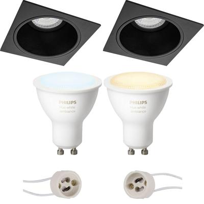 GU10 Inbouwspot Set - Mat Zwart - Inbouw Vierkant - Verdiept - Philips Hue - White Ambiance - Bluetooth - Pragmi Minko Pro - 90mm