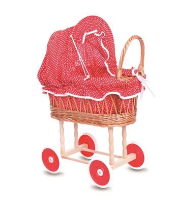 Opengewerkte rieten poppenwagen met stoffen kap - Rood