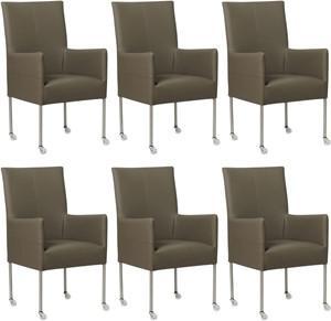 Set van 6 Grijze leren moderne eetkamerstoelen Spark - poot rond rvs met wiel - Toledo Leer Smog (grijs leer)