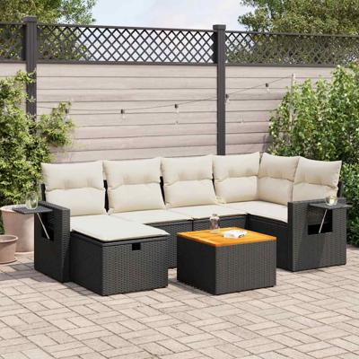 7-delige Loungeset met kussens poly rattan zwart - thumbnail