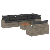 9-delige Loungeset met kussens poly rattan grijs - thumbnail