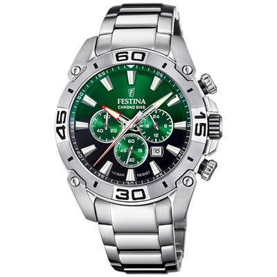 Festina F20543/3 Horloge Chrono Bike staal zilverkleurig-groen 45,5 mm Festina F20543/3 Horloge Chrono Bike staal zilverkleurig-groen 45,5 mm
