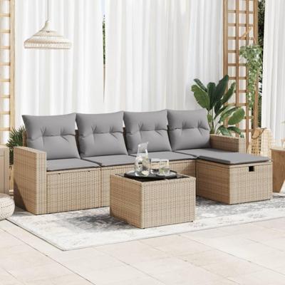 6-delige Loungeset met kussens poly rattan beige