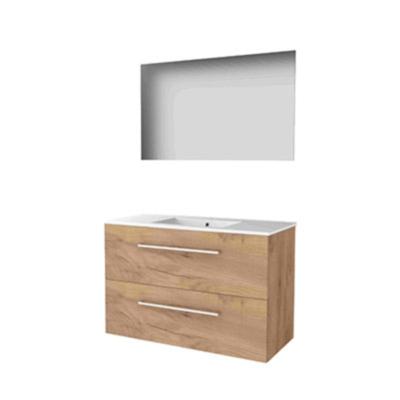 Basic-Line Ultimate 46 Badkamermeubelset - 100 x 46 cm - Met Grepen - 2 Lades - Keramische Wastafel - 1 Kraangat - Spiegel met Indirecte LED Verlichting - Whisky Oak