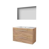 Basic-Line Ultimate 46 Badkamermeubelset - 100 x 46 cm - Met Grepen - 2 Lades - Keramische Wastafel - 1 Kraangat - Spiegel met Indirecte LED Verlichting - Whisky Oak - thumbnail