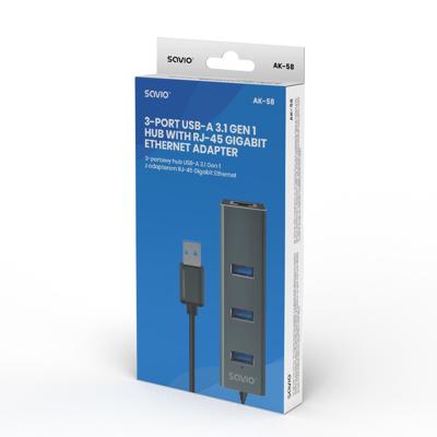 Savio AK-57 USB-A - 3 x USB-A HUB with RJ-45 Gigabit Ethernet adapter 5000 Mbit/s grey USB 3.2 Gen 1 (3.1 Gen 1) Micro-B 5000 Mbit/s Zwart - thumbnail