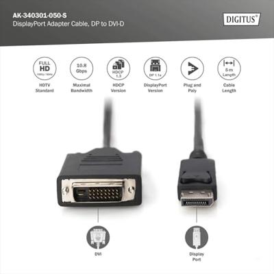 Digitus AK-340301-050-S DisplayPort-kabel DisplayPort / DVI Adapterkabel DisplayPort-stekker, DVI-D 24+1-polige stekker 5.00 m Zwart Schroefbaar