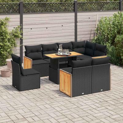 9-delige Loungeset met kussens poly rattan zwart