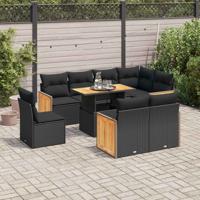 9-delige Loungeset met kussens poly rattan zwart - thumbnail