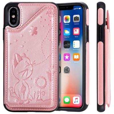 Voor iPhone X kat Bee reliëf patroon schokbestendige beschermende case met kaartsleuven & fotolijstjes (Rose goud)
