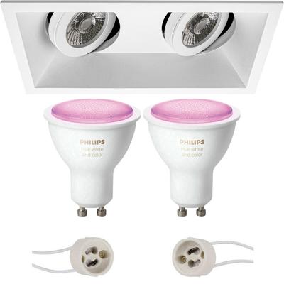 GU10 Inbouwspot Set - Mat Wit - Inbouw Rechthoek Dubbel - Kantelbaar - Philips Hue - White and Color Ambiance - Bluetooth - Pragmi Zano Pro - 185x93mm