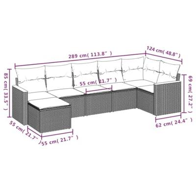 7-delige Loungeset met kussens poly rattan grijs