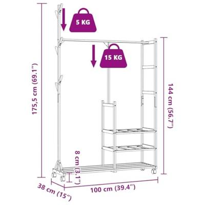 Kledingrek met schappen en wielen 100x38x175,5 cm bamboe Kledingrek met schappen en wielen 100x38x175,5 cm bamboe