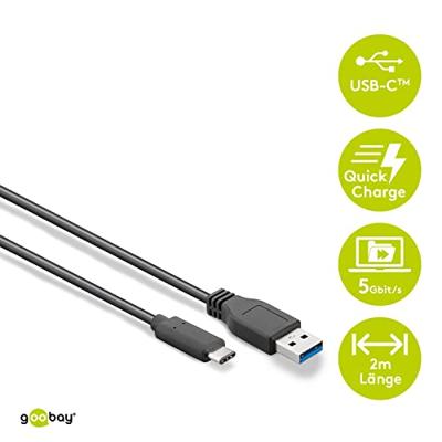 Goobay 71221 SuperSpeed 3.1 USB C -> USB 3.0 (type A) oplaadkabel, datakabel, ondersteunt opladen & Sync, 3-voudig afgeschermd, 2 m, zwart