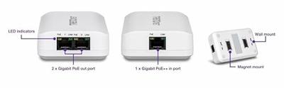 TRENDnet TPE-E200 2-Port Gigabit PoE++ Extender, 1 x Gigabit PoE+-ingang, 2 x Gigabit PoE-uitgang, verlengt 100 m tot 200 m (656 ft), Daisy Chain 4 eenheden tot 500 m (1640 ft)