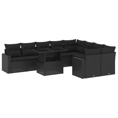 10-delige Loungeset met kussens poly rattan zwart