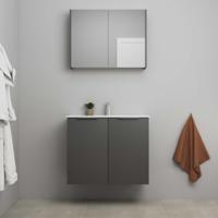 On-Line Badkamermeubelset - 80 cm - Voorgemonteerd - 2 Deuren met Greep - Porseleinen Wastafel - 1 Kraangat - Spiegelkast - Mat Antraciet - thumbnail