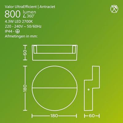 Philips LED Valor 929004140601 LED-buitenlamp (wand) LED 8.6 W Antraciet Philips LED Valor 929004140601 LED-buitenlamp (wand) LED 8.6 W Antraciet