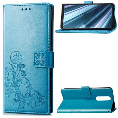 Lucky Clover ingedrukt bloemen patroon lederen draagtas voor Sony Xperia 1/Xperia XZ4 met houder & kaartsleuven & portemonnee & hand strap (blauw) Lucky Clover ingedrukt bloemen patroon lederen draagtas voor Sony Xperia 1/Xperia XZ4 met houder & kaartsleuven & portemonnee & hand strap (blauw)