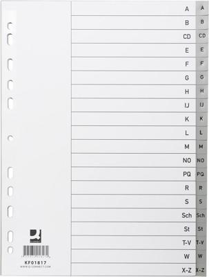 Q-CONNECT tabbladen, A4, PP, 11-gaatsperforatie, met indexblad, set van A-Z, 20 tabs, grijs