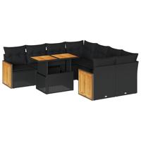 9-delige Loungeset met kussens poly rattan zwart - thumbnail