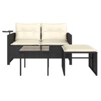 3-delige Loungeset met kussens poly rattan zwart - thumbnail