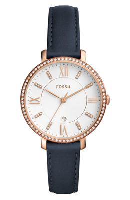 Fossil Jacqueline blauw lederen glitterhorloge voor dames ES4291 Fossil Jacqueline blauw lederen glitterhorloge voor dames ES4291