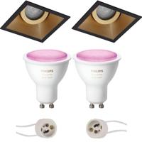 Pragmi Zano Pro - Inbouw Vierkant - Mat Zwart/Goud - Kantelbaar - 93mm - Philips Hue - LED Spot Set GU10 - White and Color Ambiance - Bluetooth - thumbnail