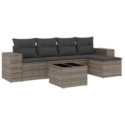 6-delige Loungeset met kussens poly rattan grijs