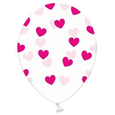 6 Transparante Ballonnen met hartjes print Fuchsia