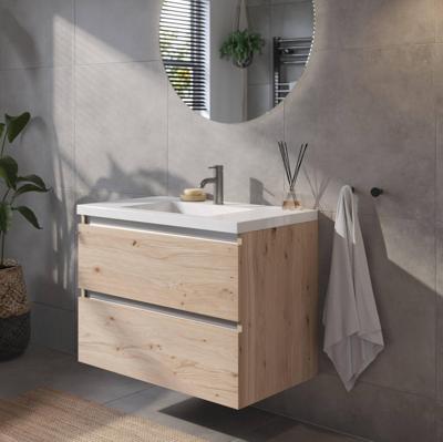 Saqu Gaia badmeubel incl. glans witte wastafel 80x52x64cm naturel eiken - aluminium greeplijst