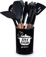 Alpina keukengerei set met houder 12 stuks siliconen gerei met houten handvat zwart - thumbnail