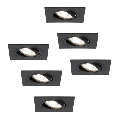 Set van 6 Mallorca LED inbouwspot - IP20 - Kantelbaar - 4 Watt 345 Lumen - 6500K Daglicht wit - GU10 - Dimbaar - Vierkant - Voor binnen - Zwart