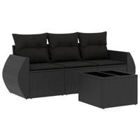 4-delige Loungeset met kussens poly rattan zwart - thumbnail